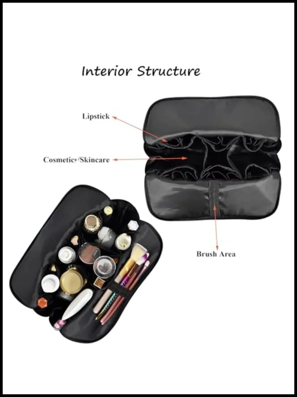 Large Waterproof Travel Makeup Bag with Brush Holders, Fold-Down Organizer